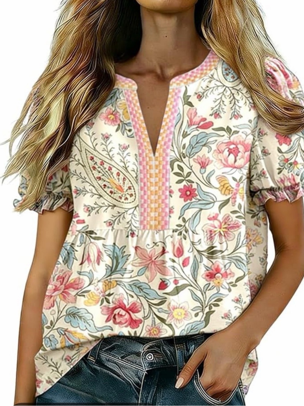 Cherry Betty Puff-Sleeve Paisley Peasant Blouse. Embroidered collar.